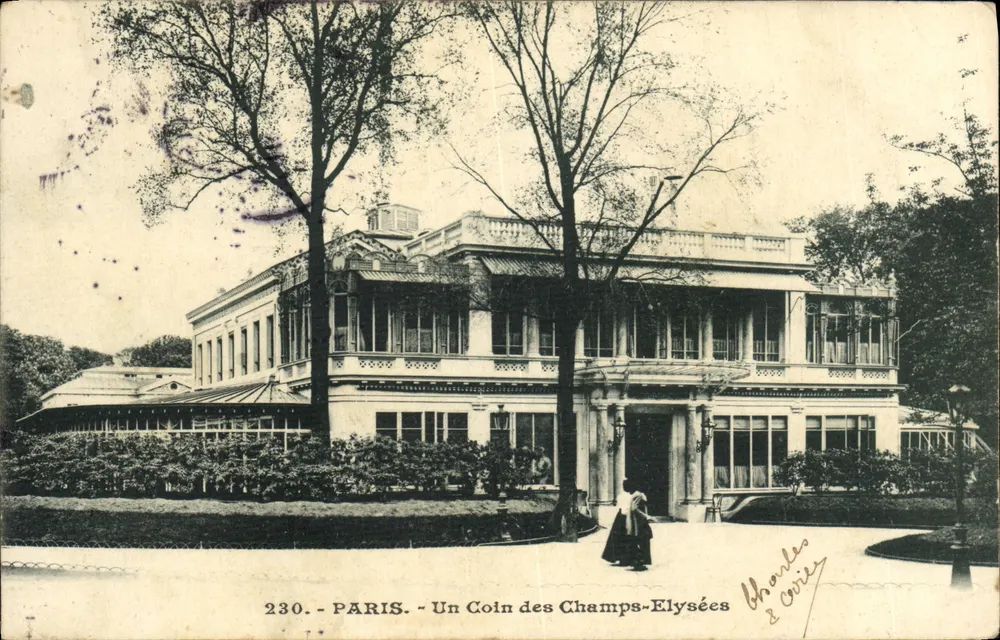 Paris - Un Coin des Champs-Élysées — bâtiment à balcon et colonnes, éditeur Charles & Corry, n° 230 - Frente