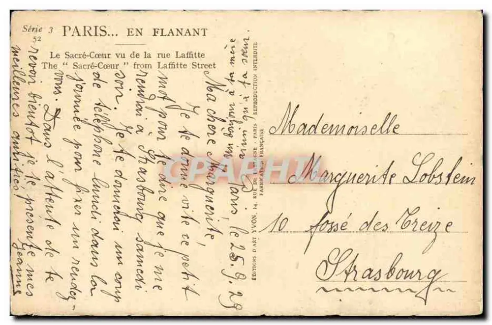 Paris — Ansicht des Sacré-Cœur von der Rue Laffitte — Édition d'Art Yvon, Serie 3 Nr. 52 - Rückseite