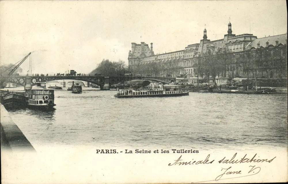 Paris - A Sena e as Tuileries — vista com barcos e ponte — editor não identificado - Frente