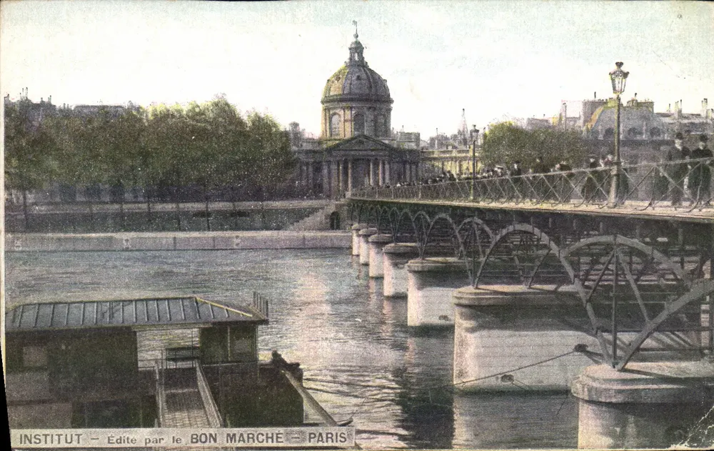 Ponte da Instituição — vista do ponte metálica sobre a Sena com o prédio da Instituição Francesa em segundo plano — editado pelo Bon Marché, Paris - Frente