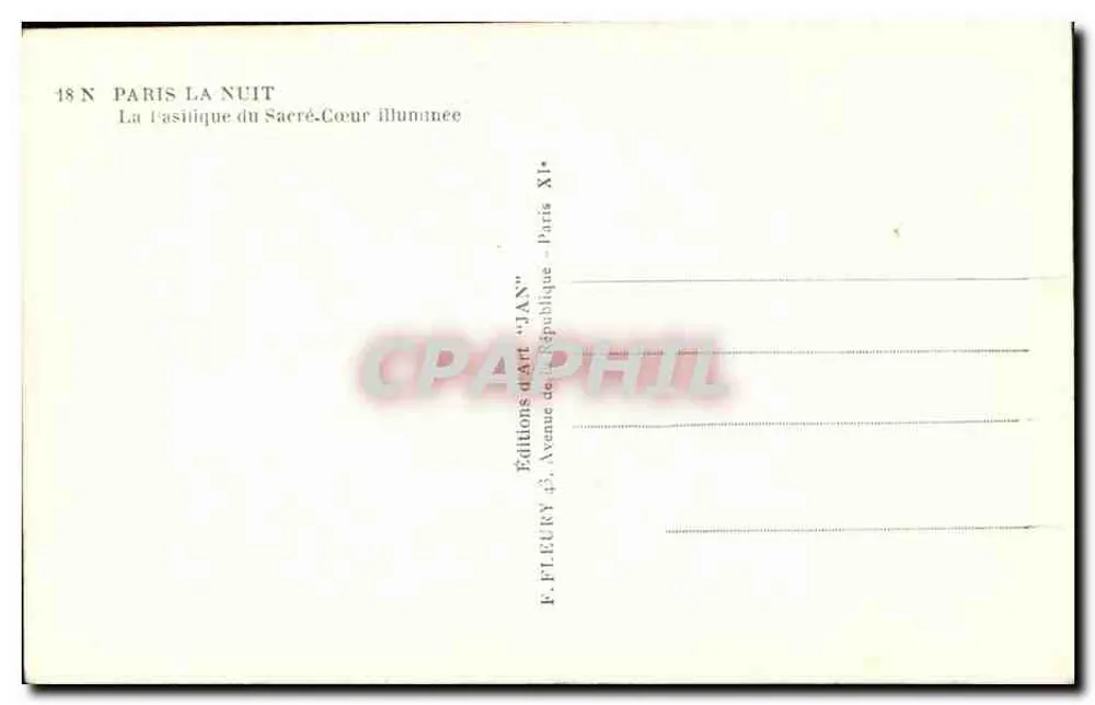 Paris nachts — Die Basilika des Heiligen Herzens beleuchtet — Editions F. Fleury "Jan" - Rückseite
