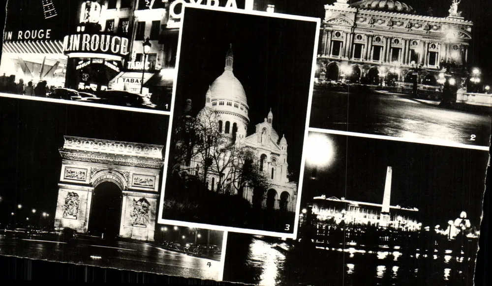 Paris nachts — Der Moulin Rouge, Das Opernhaus, Das Sacré-Cœur, Der Arc de Triomphe, Die Place de la Concorde — Éditions du Globe - Vorderseite