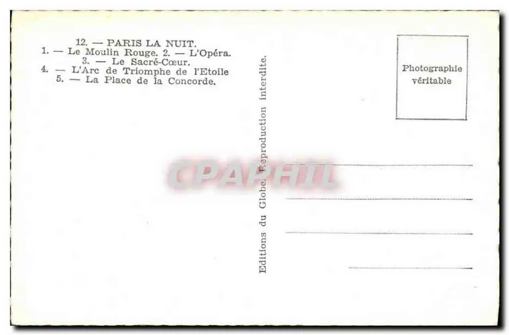 Paris nachts — Der Moulin Rouge, Das Opernhaus, Das Sacré-Cœur, Der Arc de Triomphe, Die Place de la Concorde — Éditions du Globe - Rückseite