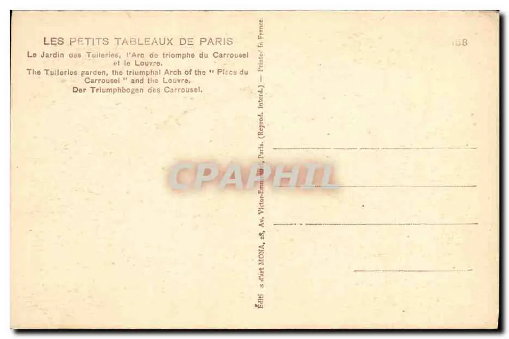 Jardin des Tuileries — Arc de Triomphe du Carrousel und Louvre — Verlag MONA, Nr. 168 - Rückseite