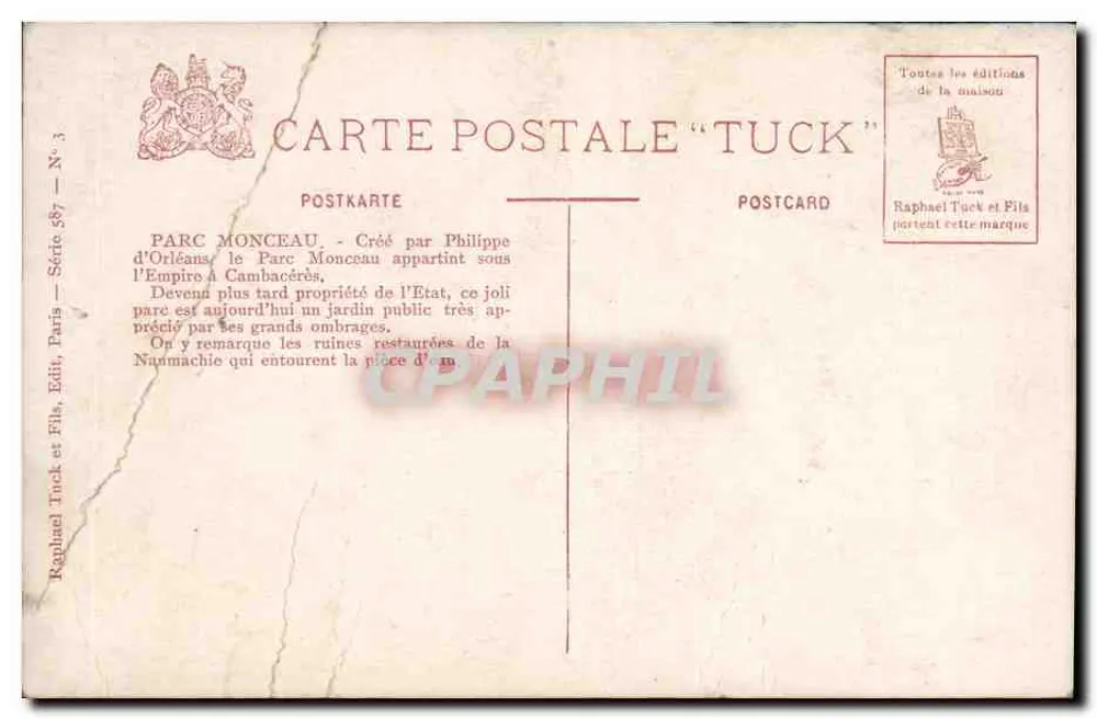 Römische Ruinen im Parc Monceau — Stadt Paris — Verlag Tuck, Serie 387 - Rückseite