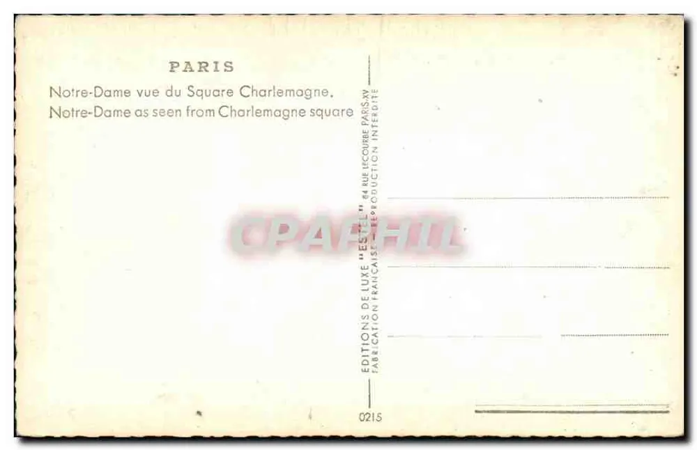 Notre-Dame de Paris — vista do Square Charlemagne — Éditions de Luxe 'Estel' - Verso