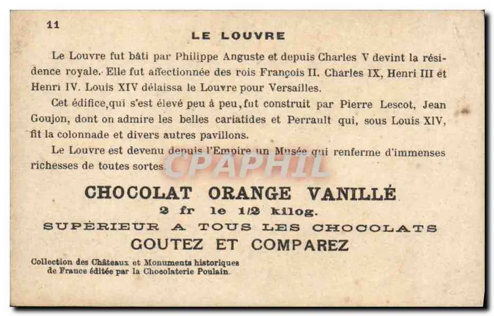Le Louvre — façade principale avec colonnade et dôme — éditeur Chocolaterie Poulain, n°11 - Verso
