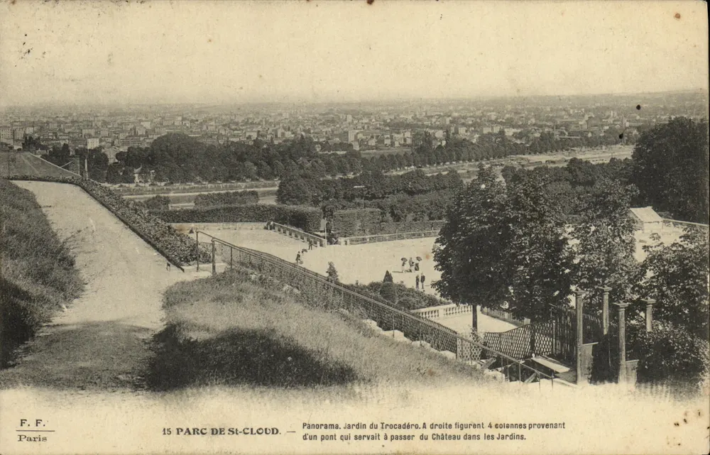 Parco di St-Cloud — Panorama del Giardino del Trocadéro con colonne del castello — F.F. Parigi, n°15 - Recto