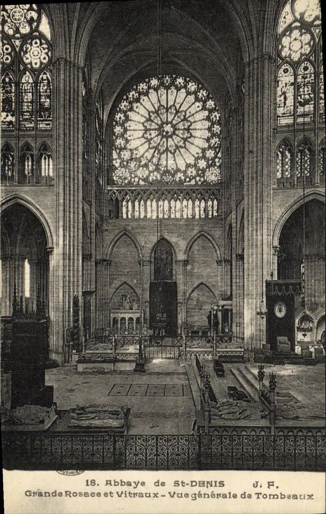 Abtei von St-Denis — Große Rosefenster und Glasfenster — Allgemeiner Blick auf die Grabstätten — J. F. - Vorderseite