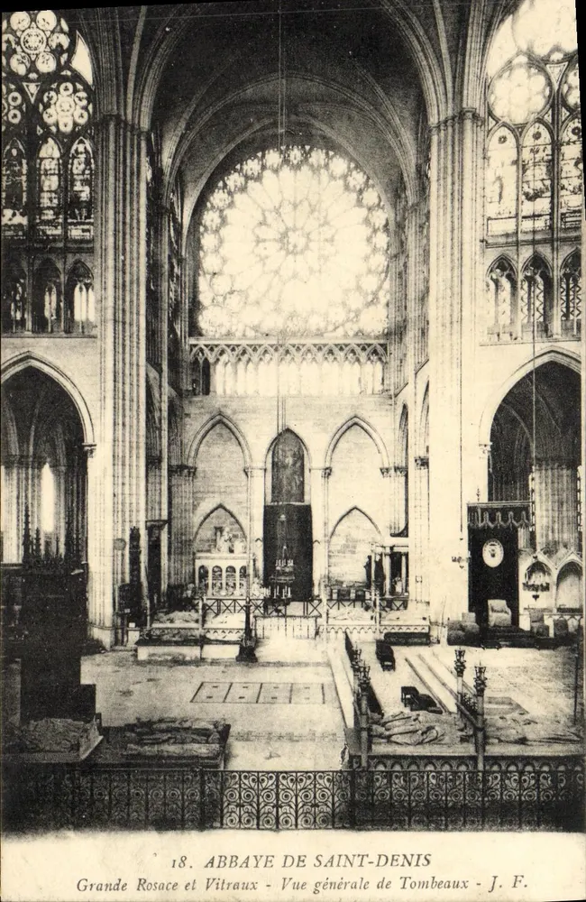 Abtei Saint-Denis — Große Rosefenster und Glasfenster, Allgemeiner Blick auf die Grabmale — J. F. n°18 - Vorderseite