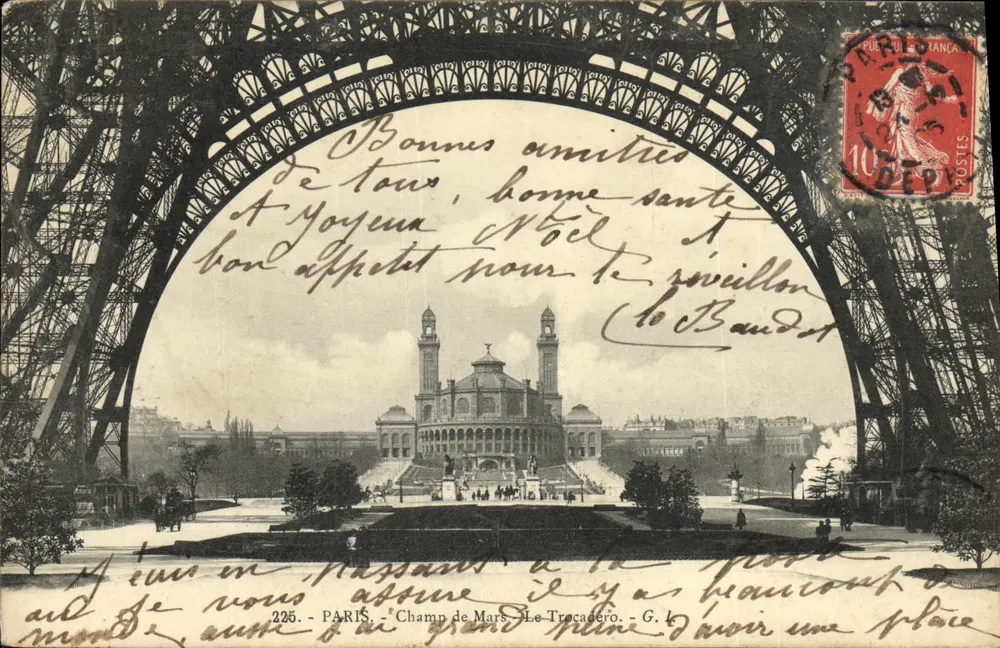 Paris - Champ de Mars - O Trocadéro — vista sob o Arco do Triunfo da Escola Militar — editor G.L. n°225 - Frente