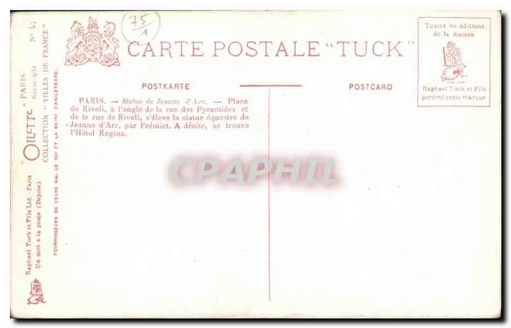 Paris. Estátua de Joana d'Arc & Rue des Pyramides — Hotel Regina à direita — Gilette - Verso