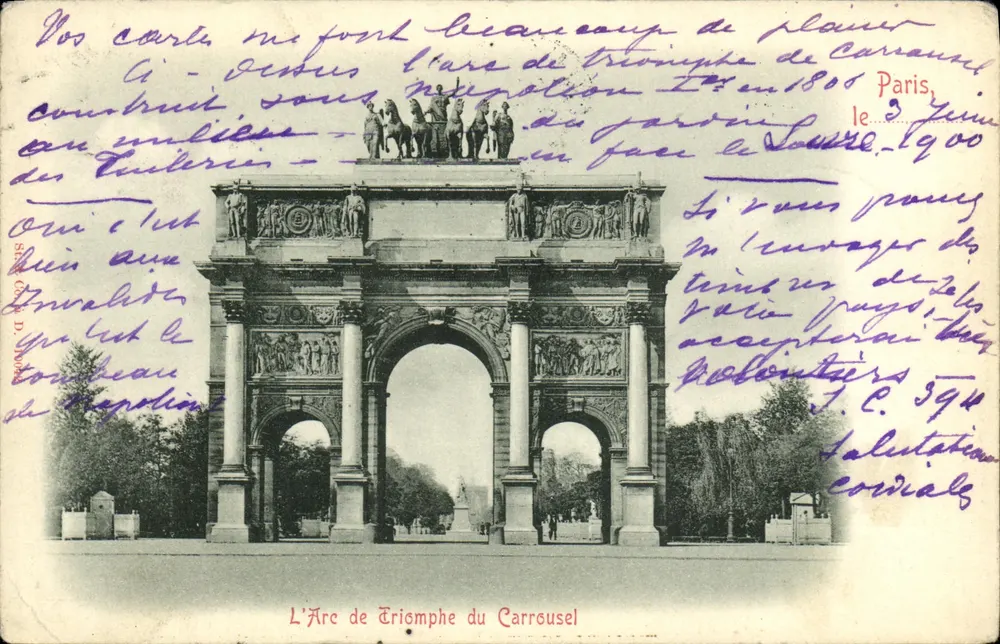O Arco do Triunfo do Carrousel — Paris, 1900 — editor não identificado, número de série não visível - Frente