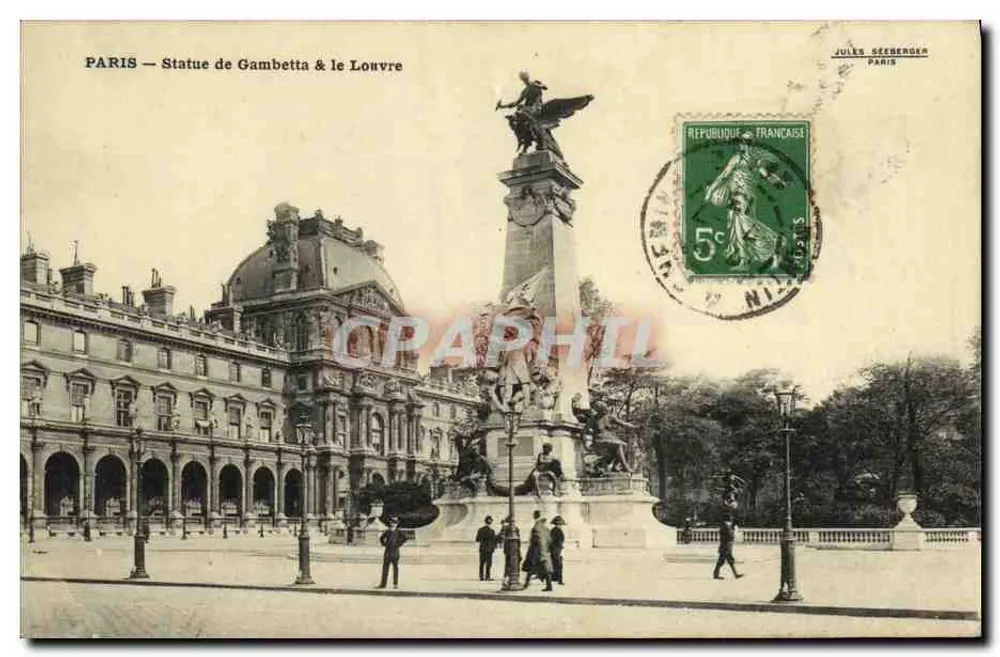 Paris — Estátua de Gambetta & o Louvre — Jules Seeberger - Frente
