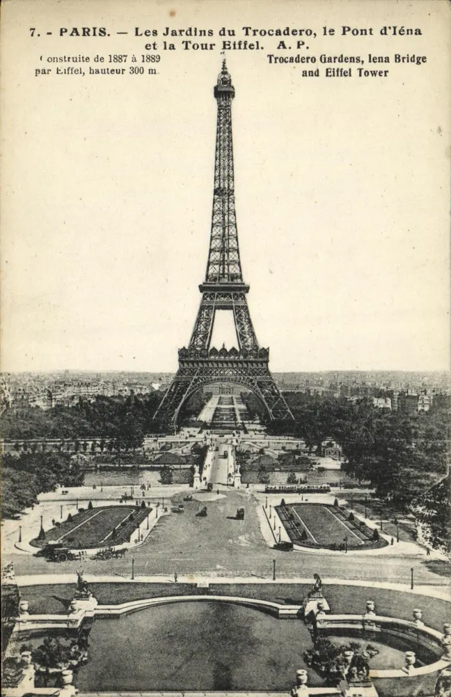 Paris — Die Gärten des Trocadéro, die Brücke von Iéna und die Eiffelturm — A.P. - Vorderseite