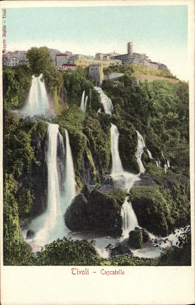 Tivoli - Cascatelle — vista das quedas d'água com aldeia no fundo — editor Ruggero Dapilla, Tivoli - Frente