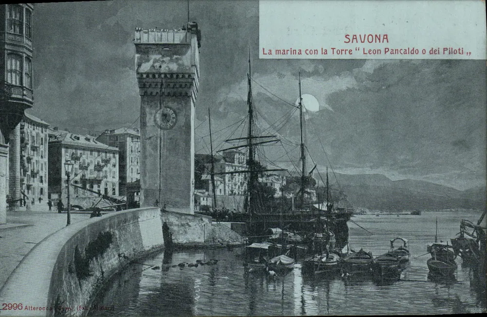 Savona — Die Marina mit der Turm "Leon Pancaldo oder der Lotsen" — Alterocca, Savona (1906-1910) - Vorderseite