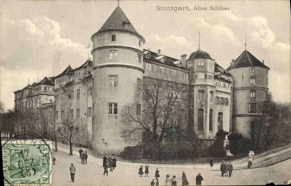 Stuttgart, Altes Schloss — vista do castelo com torres e visitantes — editor Tübingen, n° 01 - Frente