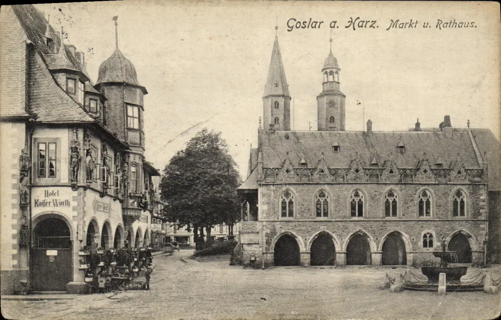 Goslar a. Harz. Markt en Stadhuis. — Hotel Kaiser Worth — uitgever Mitteldeutsche Kunststätte Gehr, Zerbst i. Sa. - Voorkant