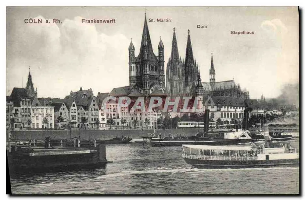 Cologne (Cöln a. Rh.) — vista do rio Reno com o Dom, o Stapelhaus e o Frankenwerft — Heiss & Co., Graph. Kunstanstalt, Cöln-Sülz - Frente