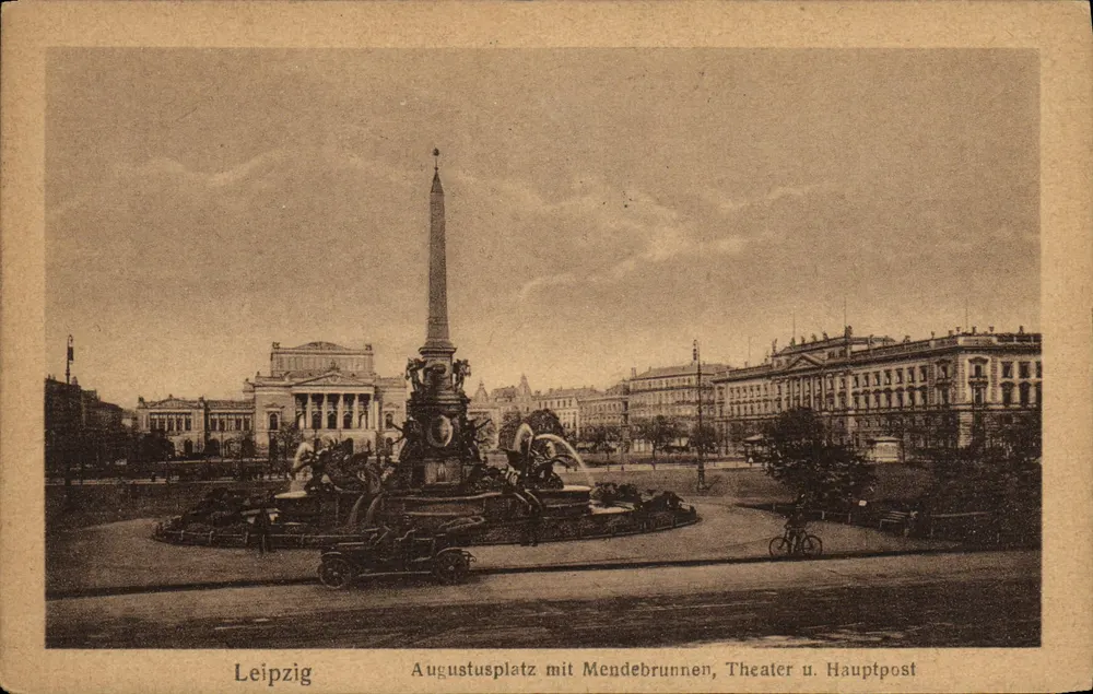 Leipzig — Augustusplatz mit dem Mendebrunnen, dem Theater und der Hauptpost — Verlag Leipzig - Vorderseite