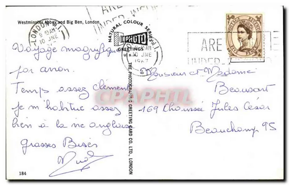 Abadia de Westminster e Big Ben, Londres — Série de Correio Postal Natural — The Photographic Greeting Card Co. Ltd. n°184 - Verso