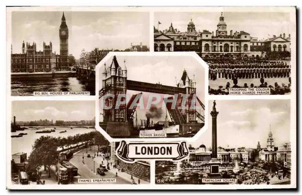London — Panoramablick mit Big Ben, Tower Bridge, Trafalgar Square — unbekannter Verleger, Seriennummer 151C - Vorderseite