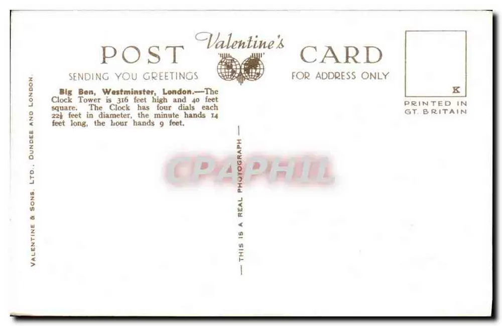 Big Ben, Westminster, Londres — Cartão de Valentim — Valentine & Sons Ltd, Dundee - Verso