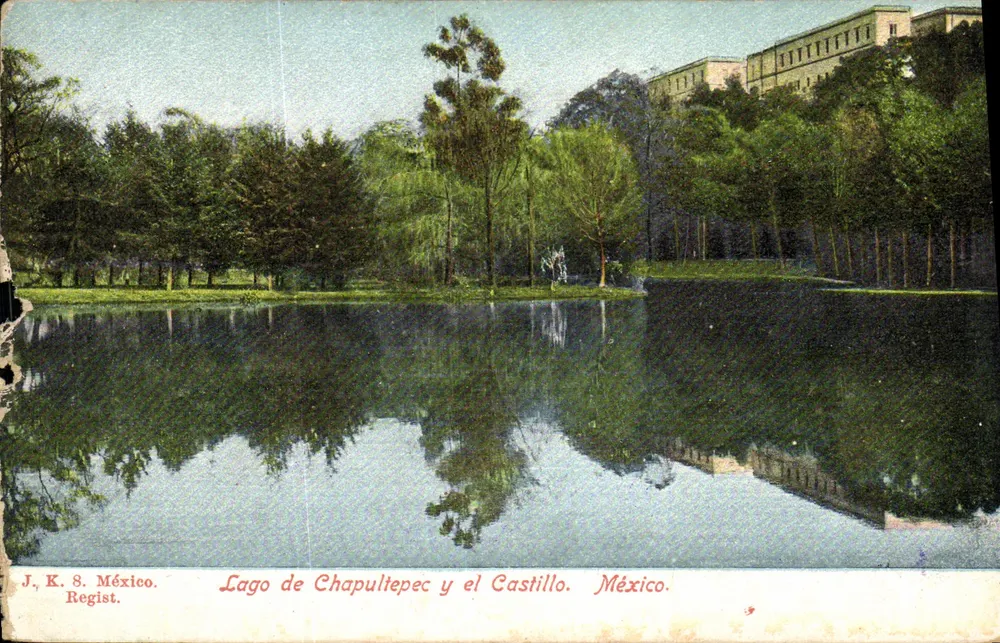 Lago de Chapultepec y el Castillo — vue du lac et du château à Mexico — éditeur J. K. 8. México. Regist. - Vorderseite