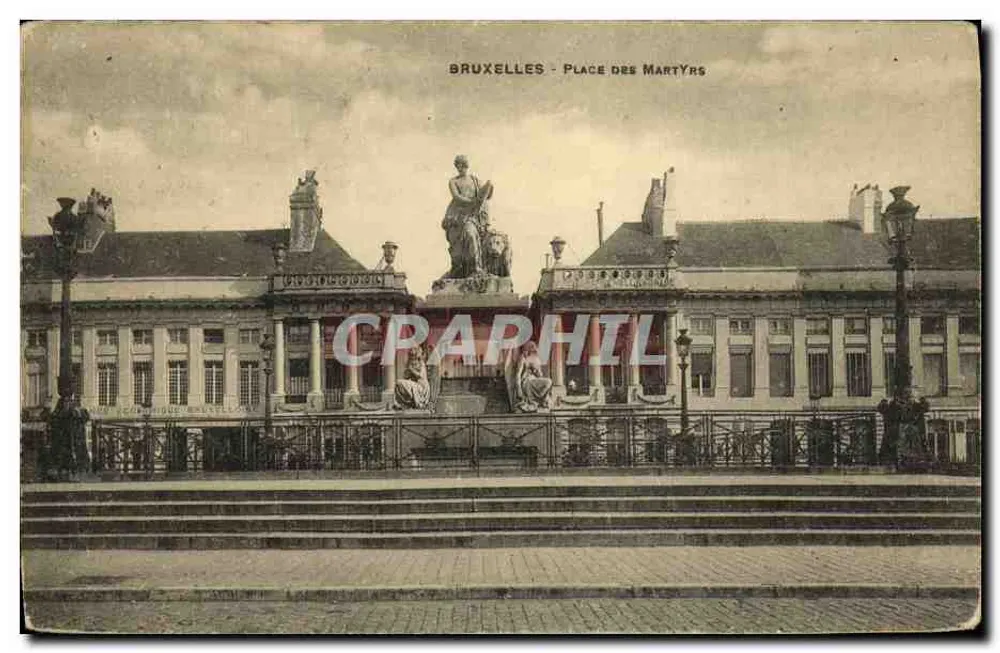 Bruxelas - Praça dos Mártires — estátua central e edifícios — editor anônimo - Frente