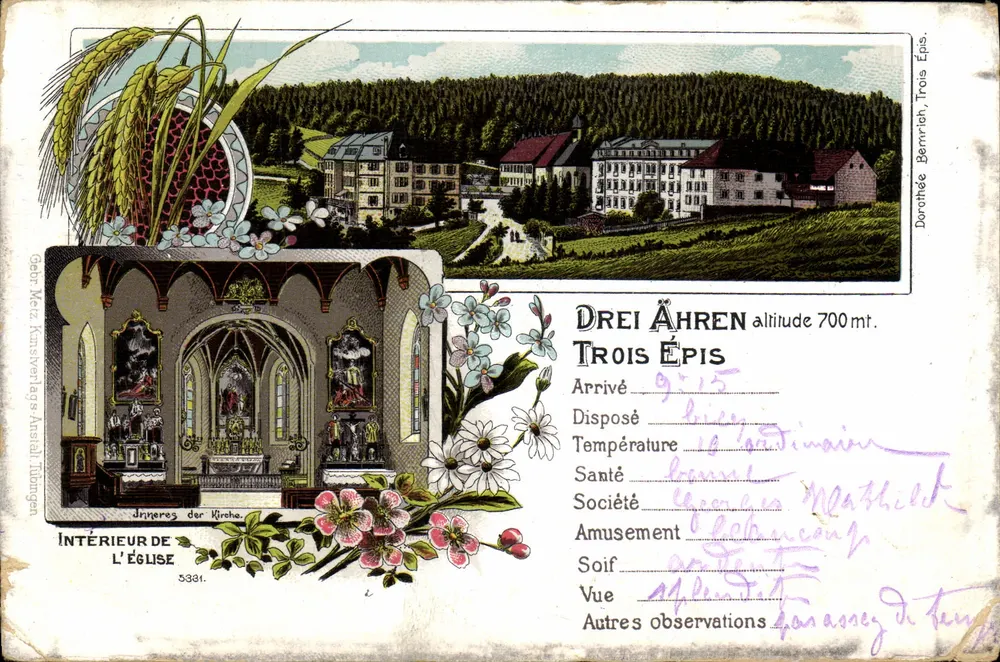 Interior da igreja — Vista externa — Drei Ähren, Três Épis, altitude 700 m — editor G. Meier, Kunstverlagsanstalt, Tübingen - Frente