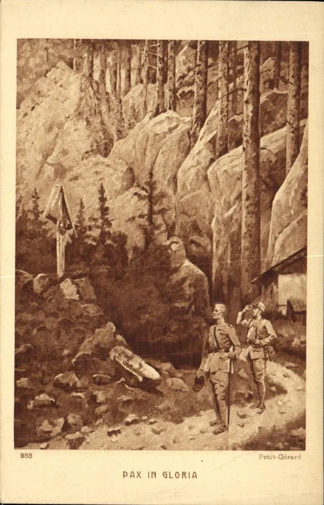 Pax in Gloria — Dwa żołnierze przed pomnikiem w krajobrazie górskim — Petit-Gérard, nr 283 - Awers