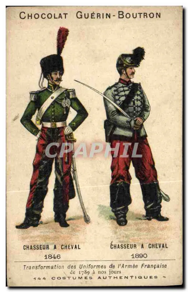 Reiter im Sattel — Uniformen von 1846 und 1890 — Chocolat Guérin-Boutron, n°144 - Vorderseite