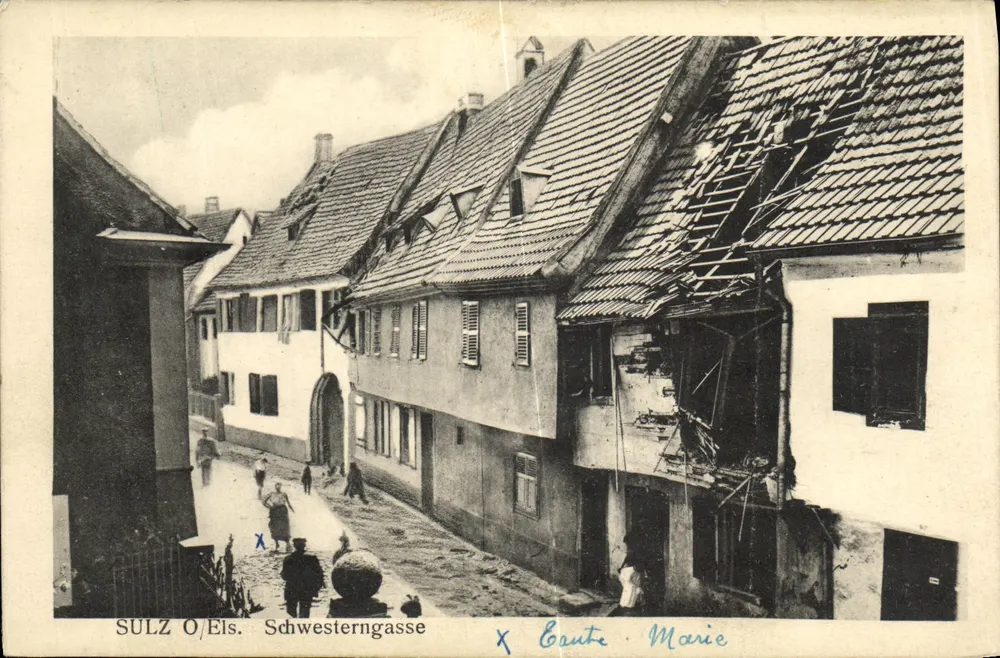 Sulz O/Els. Schwesterngasse — vista da rua com casa danificada — editora 'Coutte Marie' - Frente