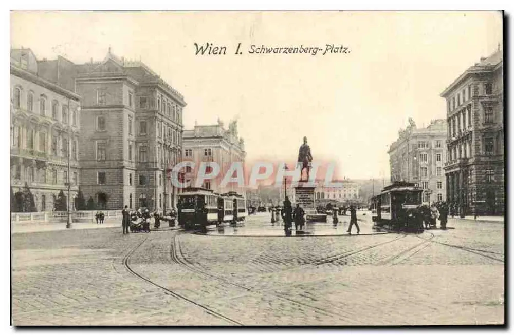 Wien I. Schwarzenberg-Platz — place avec statue équestre et tramways — éditeur Sperlings Postkartenverlag, Wien, III.2 - Voorkant