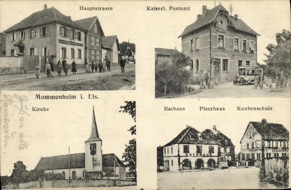Mommenheim i. Els. — Vista da Hauptsstrasse, Posto Imperial, Igreja, Prefeitura, Casa Paroquial, Escola de Meninos — editor não identificado - Frente