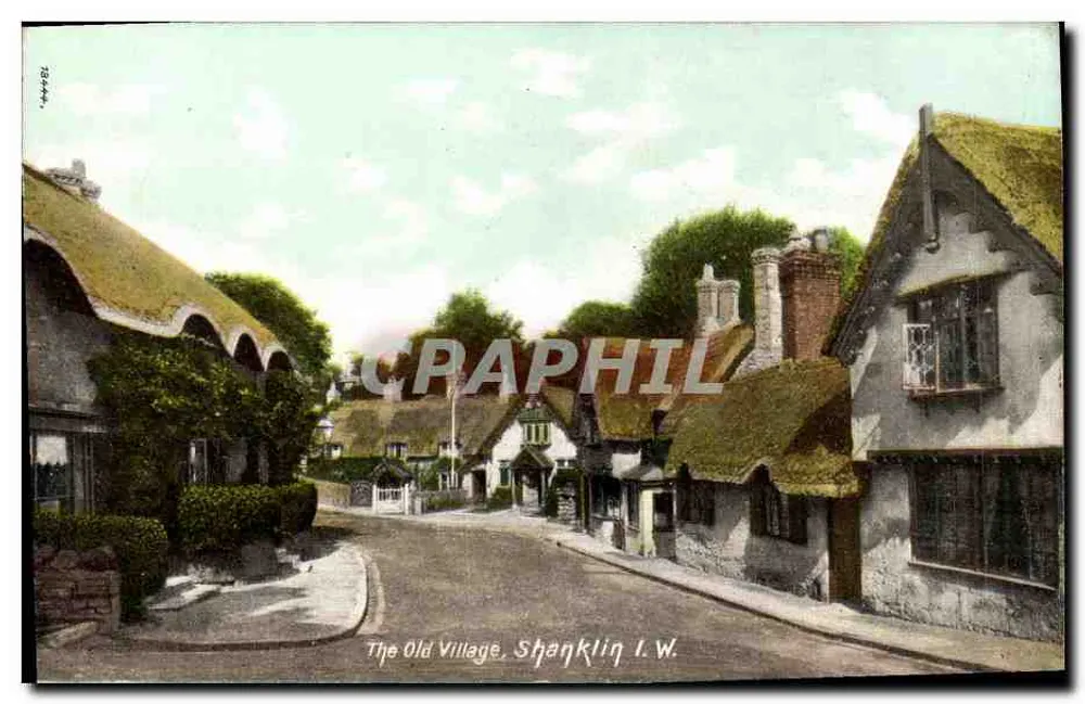 The Old Village, Shanklin I.W. — uitzicht op steenweg met huisjes met strodak — The Wrinch, serie 1944 - Voorkant