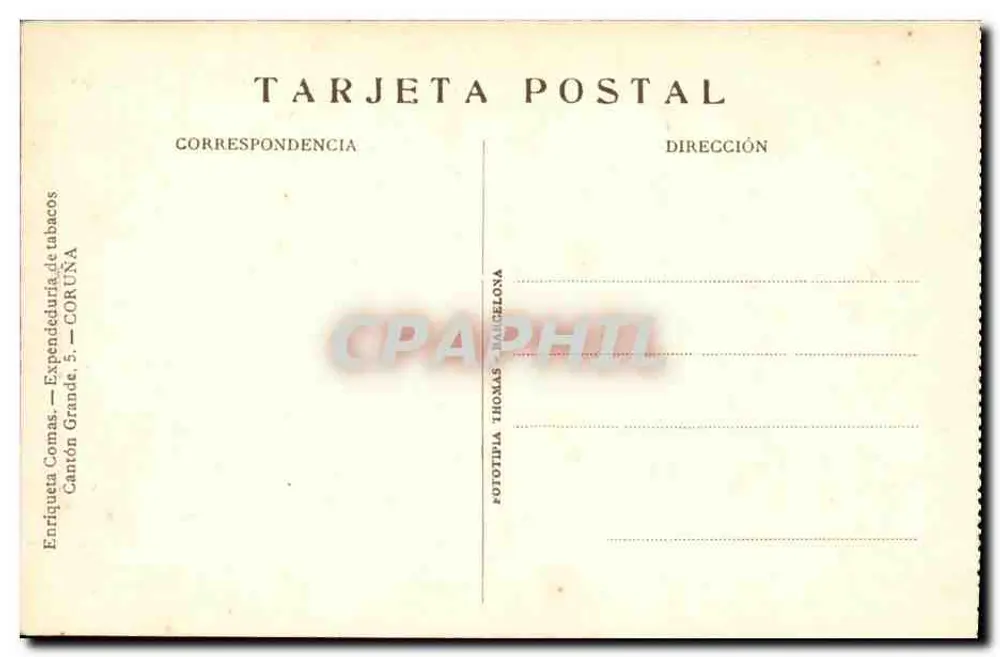 La Coruña. Cantón Pequeño — vista de rua com trêmio e farmácia — editor Fototipia Thomas, Barcelona - Verso