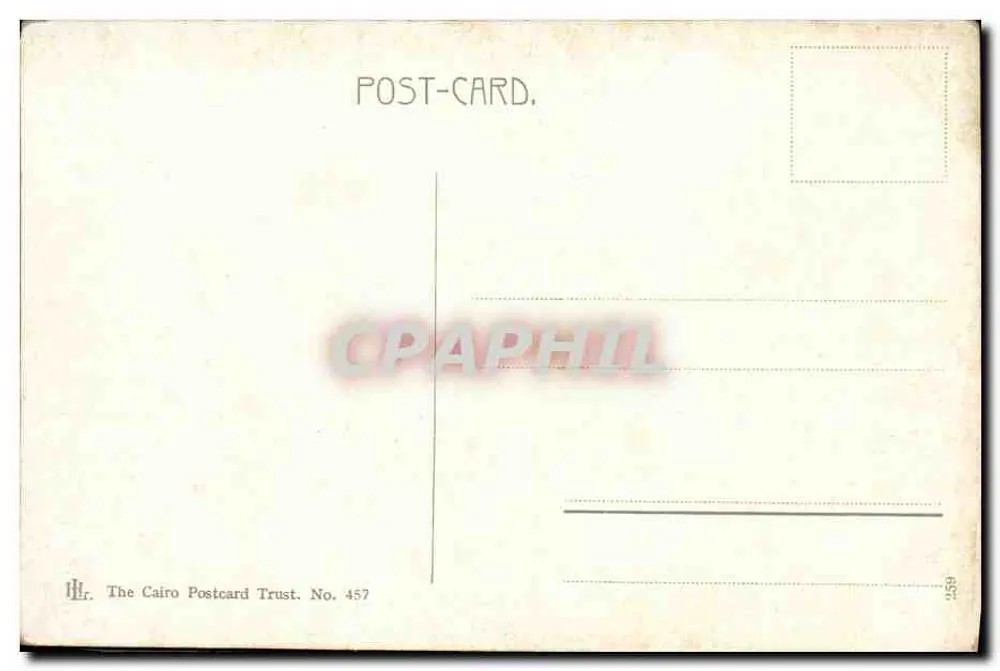Port Said, Rue de Commerce — view de rua comercial com placas de tabacaria — The Cairo Postcard Trust, n° 457 - Verso