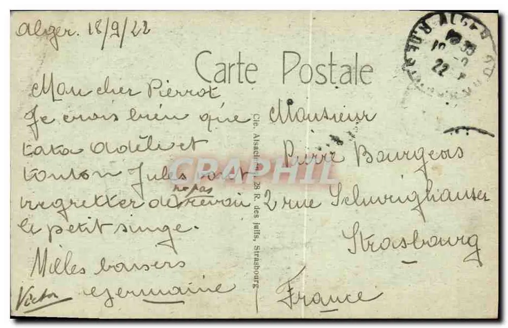 Alger — Hotel de la Régence, Place du Gouvernement — Verlag R. Dianouw, Alger, n° 117 - Rückseite