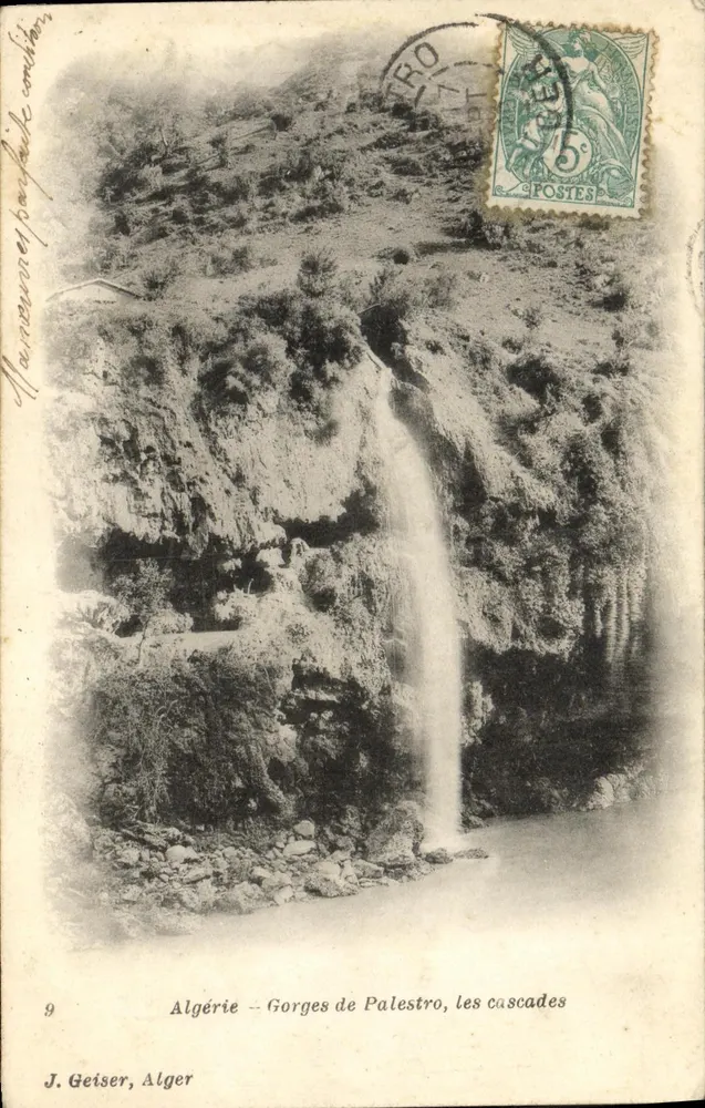 Argélia – Gorges de Palestro, as cachoeiras — J. Geiser, Alger, n°9 - Frente
