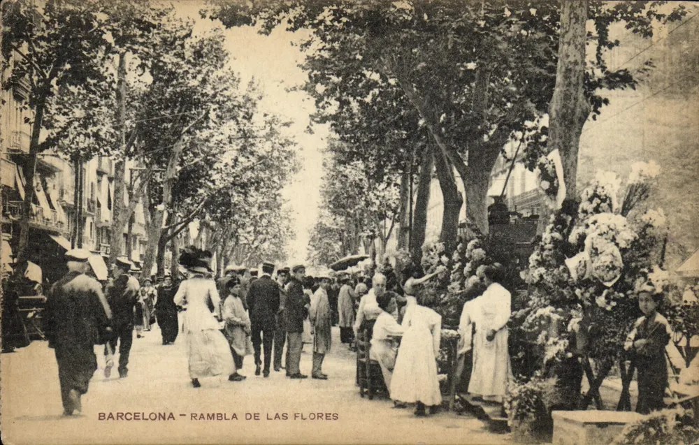 Barcelona - Rambla de las Flores — levendige uitzicht met bloemenverkopers — onbekende uitgever - Voorkant