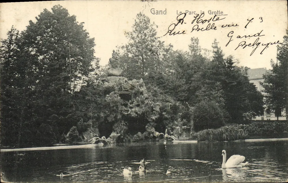 Gand Le Parc, a Gruta — vista da Gruta com cisne — editor D. Desplois, n° 3870 - Frente