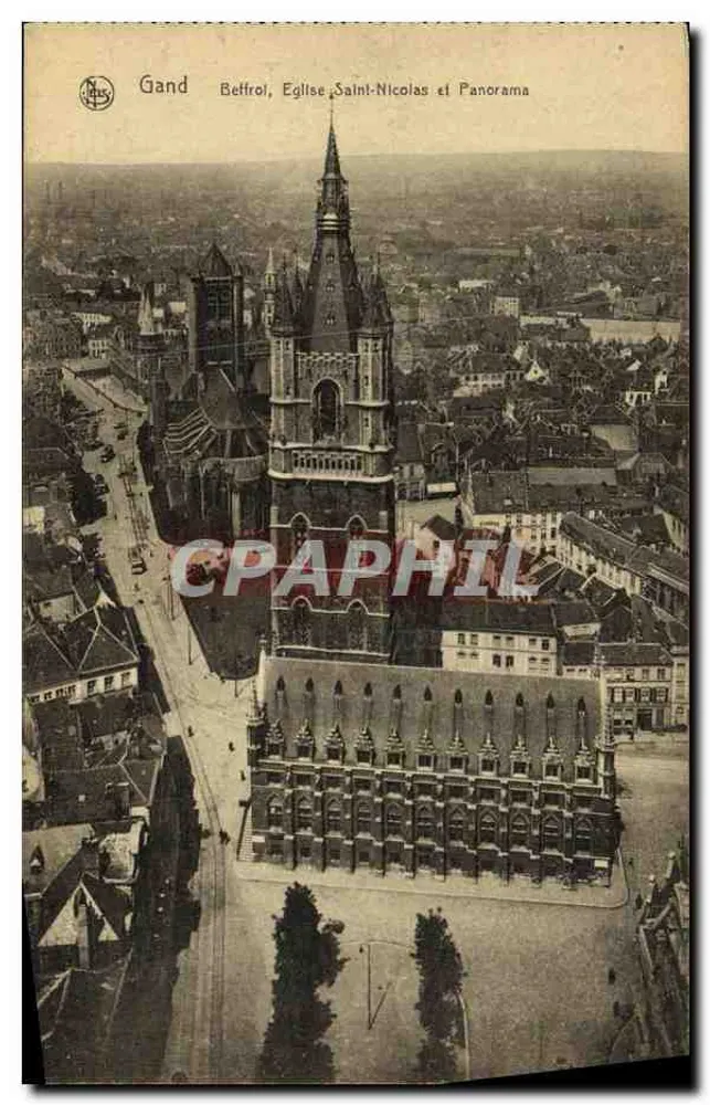 Gand — Glockenturm, Kirche Saint-Nicolas und Panorama — Verlag N. Thill, Brüssel - Vorderseite