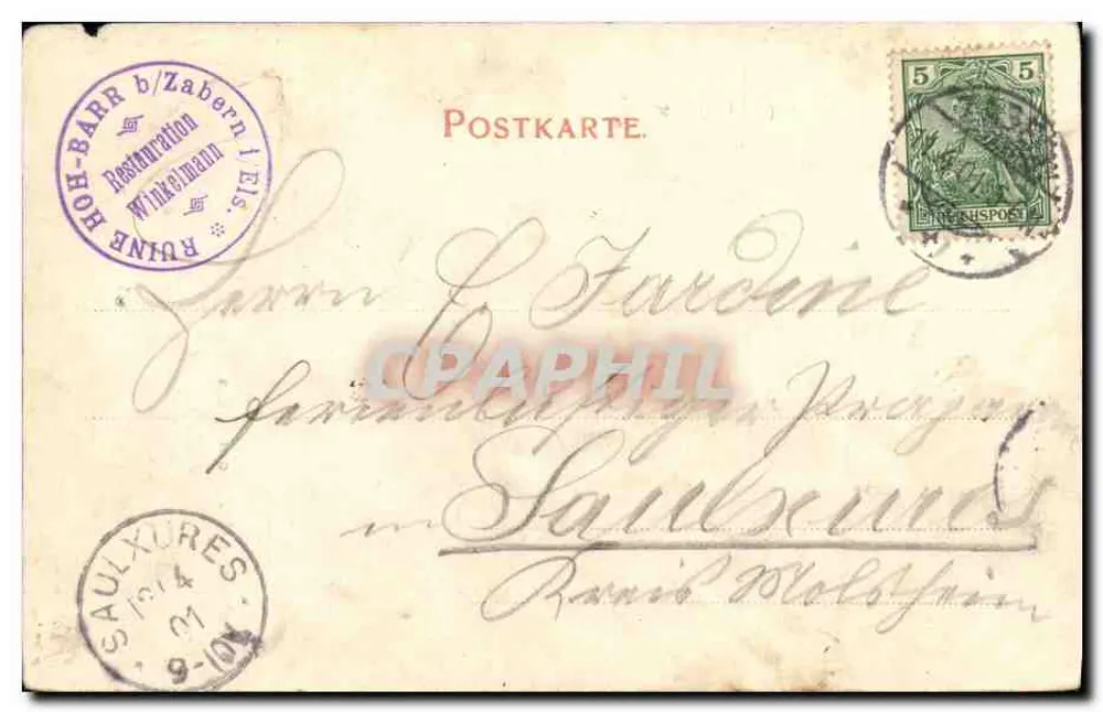 Hohbarr bei Zabern i. Els — ruine sur falaise avec maison en pierre — Verlag: H. Hille, Zabern - Rückseite