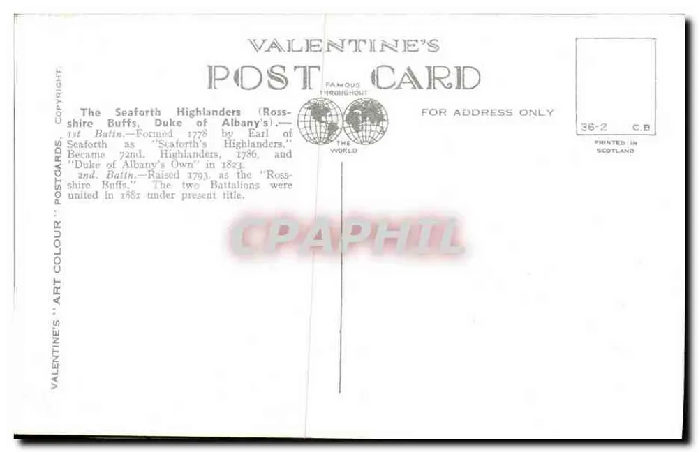 The Seaforth Highlanders — Offizier und Sergeant — Valentine's Postkarte A450 - Rückseite