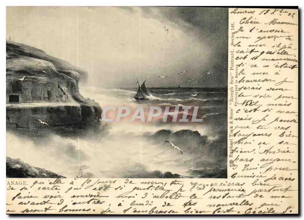 Mar Revolto — Paisagem marítima com falésia e vela — Raphael Tuck & Sons, série 168 - Frente