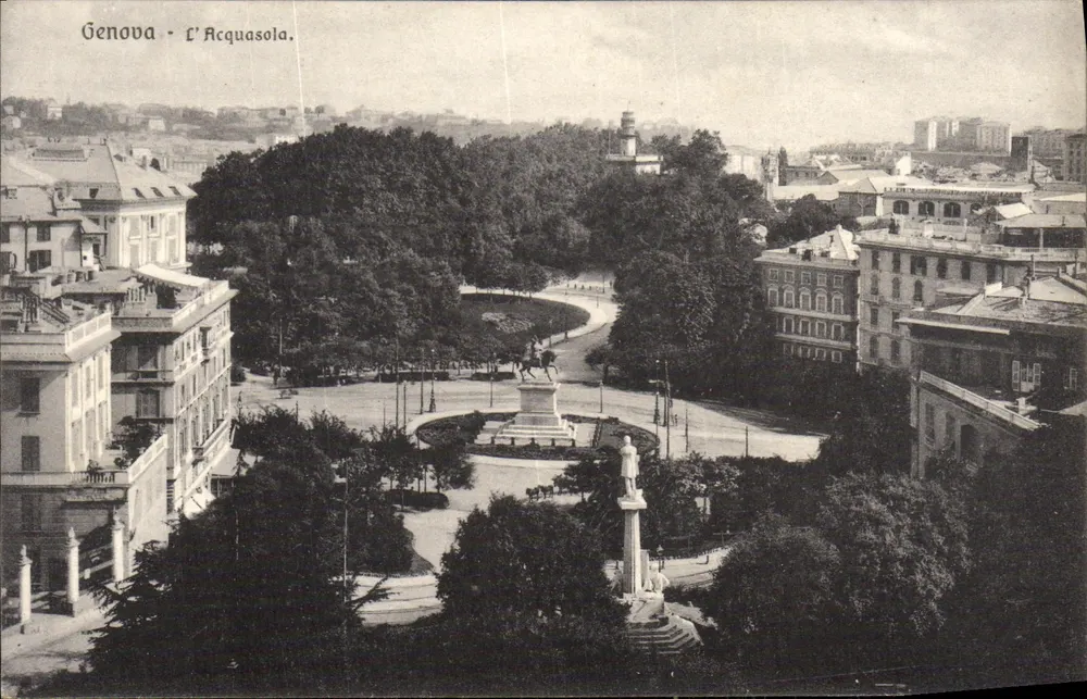 Gênova - L'Acquasola — vista panorâmica com monumento equestre e estátua em coluna - Frente