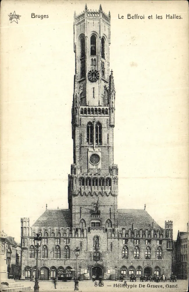 Bruges — Le Belfroi et les Halles — Héliotypie De Graeve, Gand - Frente