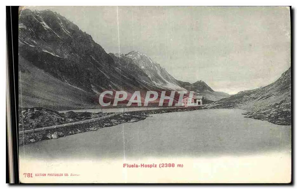 Fluela-Hospiz (2388 m) — lago alpino cercado por montanhas — Edição Photoulos Co. Zürich, n° 781 - Frente
